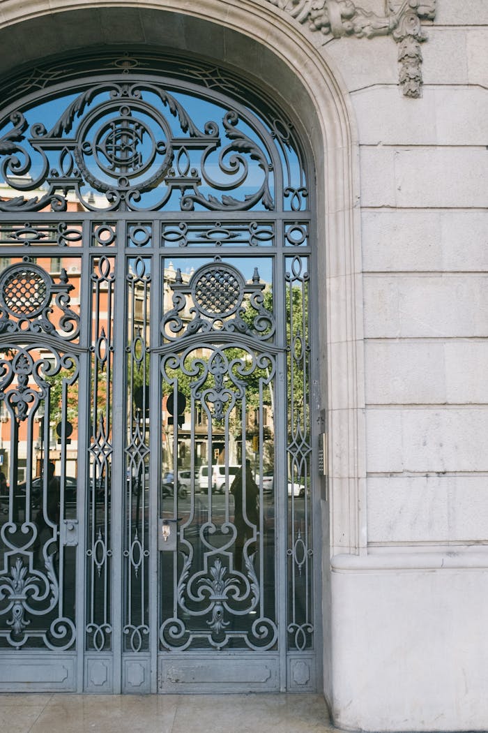 gallery-3 Close-up of an ornate metal gate with intricate details and urban background.